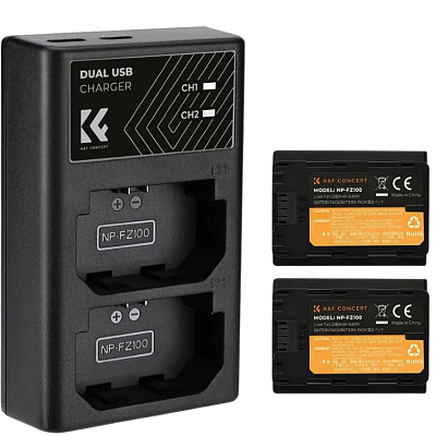 Зарядное устройство + 2 аккумулятора K&F Concept KF28.0016 для двух аккумуляторов Sony NP-FZ100