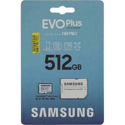 Карта памяти Samsung EVO Plus microSDXC 512GB U3 A2 V30 UHS-I R130MB/s (MB-MC512KA/RU)