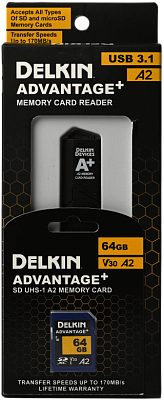 Комплект Delkin Devices Advantage+ SDXC 64GB UHS-I A2 V30 R170/W80MB/s + Reader USB 3.1 (DSDWA264-R)